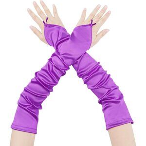 Women's Purple Fingerless Satin Finger Loop Long Sleeves Gloves Party Prom